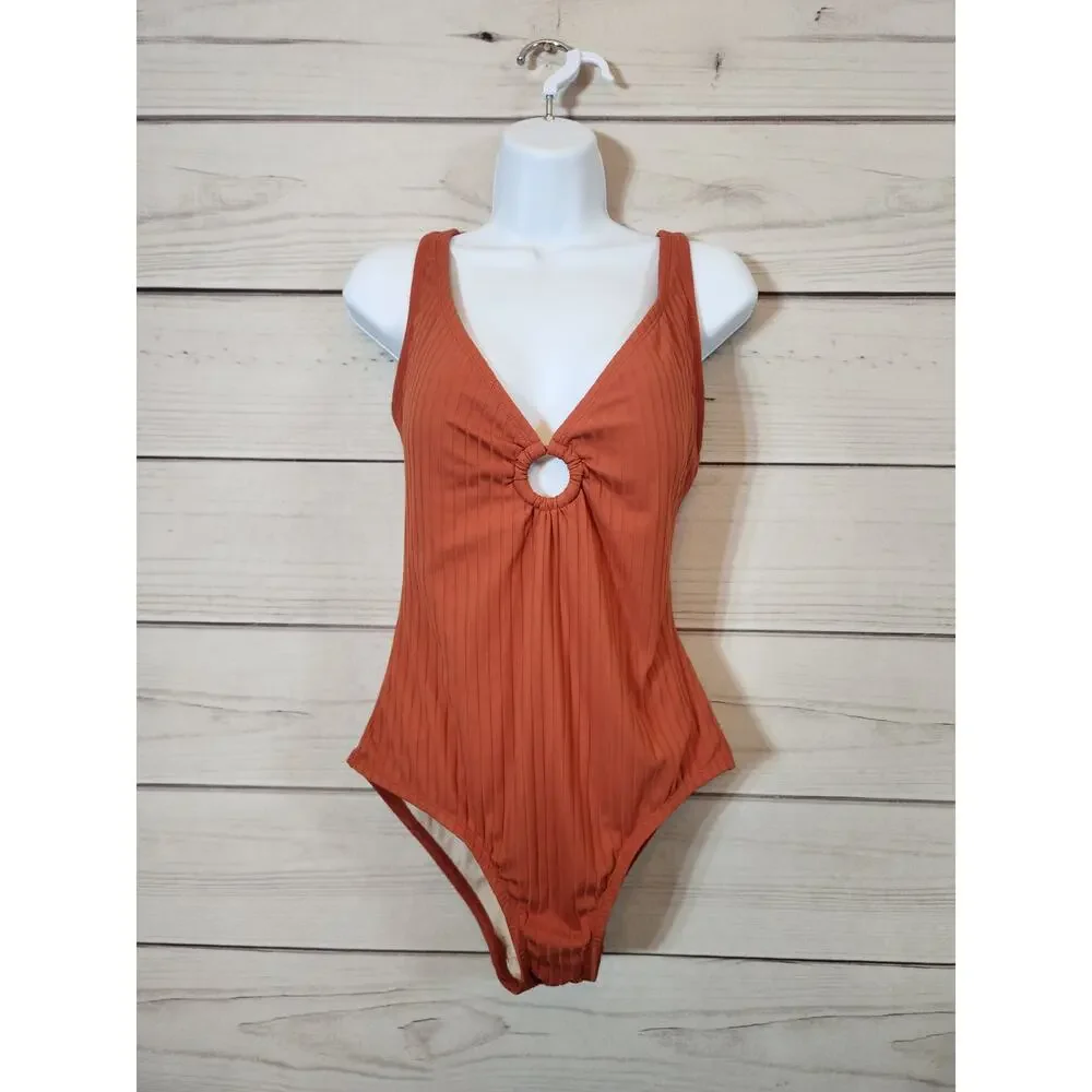 Kona Sol Women's Orange Stretch Ribbed Ring Front Swimsuit‎ One Piece Size Large